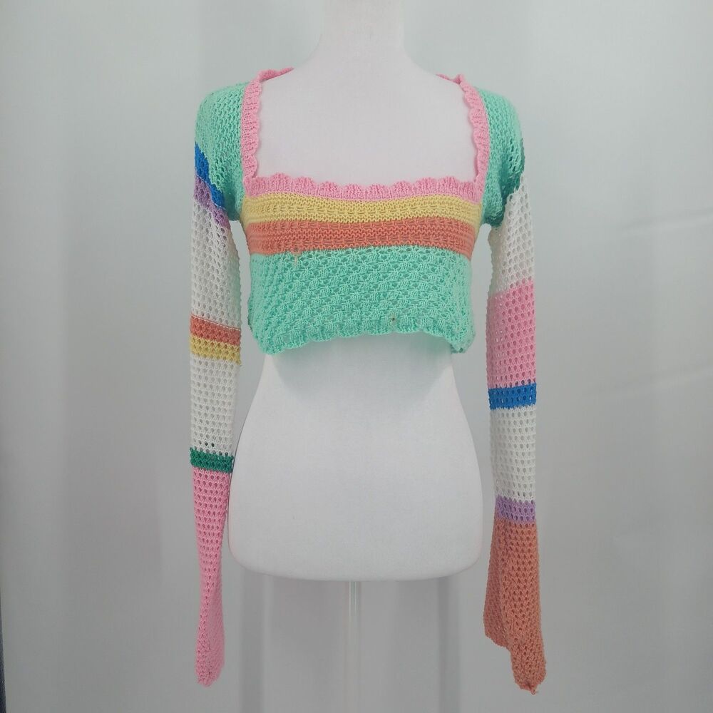 Crochet Colorblock Sweater Womens Medium Multicolor Pastels Artsy